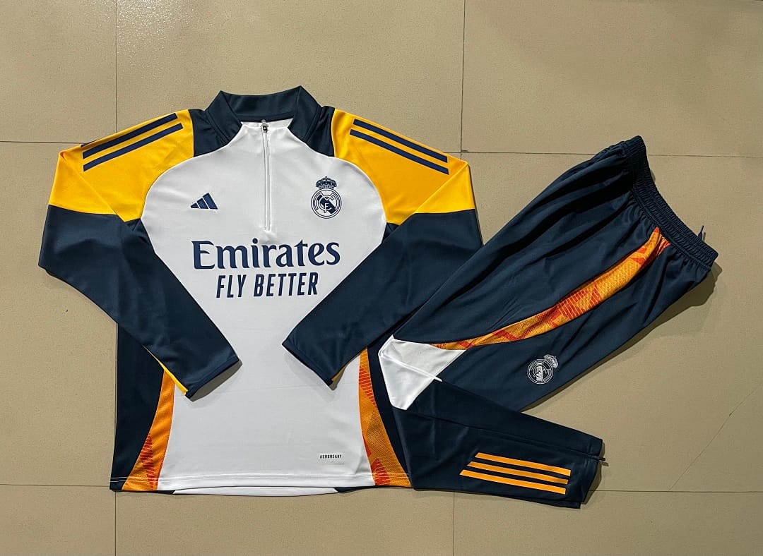Real Madrid 24/25 Sudadera Niño · Blanco · Hombros Amarillo